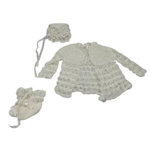 Handmade Crochet Baby Sweater Bonnet & Booties Set Knit White Cutesy Newborn